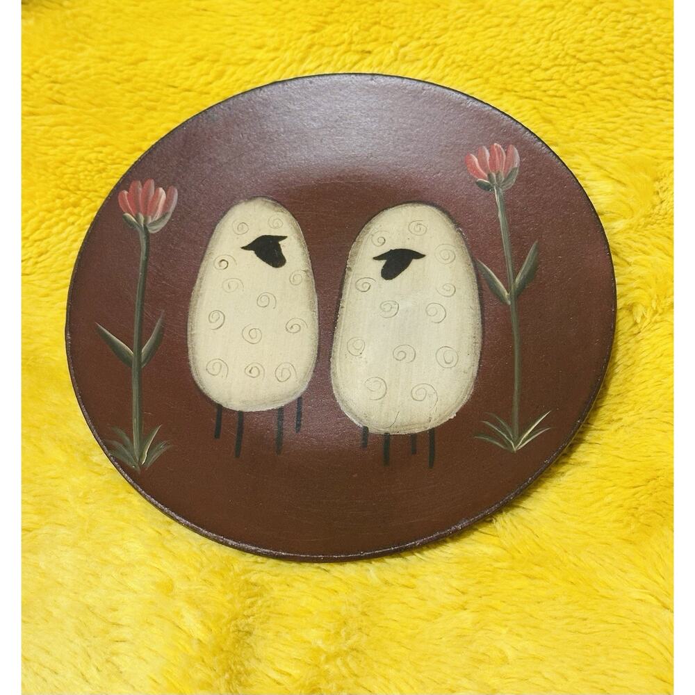The Hearthside Collection Donna White Handpainted Wood Folk Art Sheep Plate 6”
